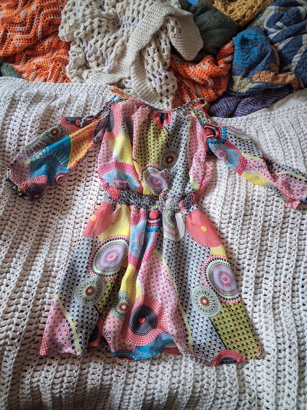 kidpik Multicolor Circle Print Off-Shoulder Dress — Pink, Yellow, Blue, Green
